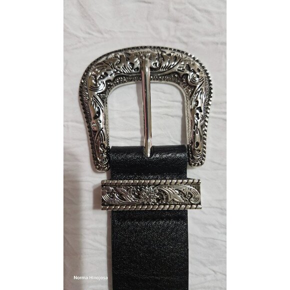 No Boundaries Western-Style Black Faux Leather Belt With Ornate Silver Buckle & - Picture 1 of 10